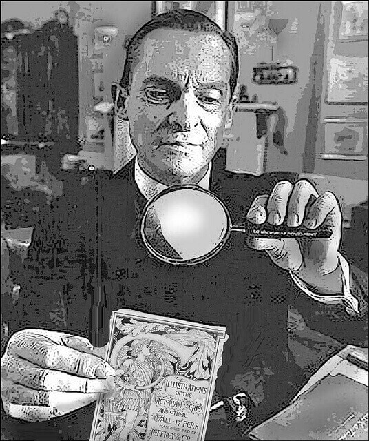 Private investigator looking through magnifying glass